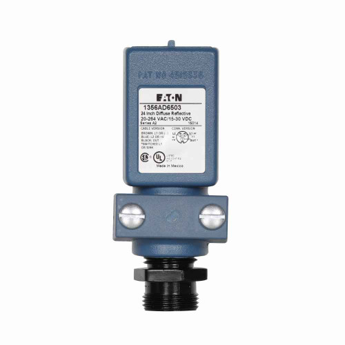 Eaton 1356AD6503 55 Series Photoelectric Sensor, Sensor distance: 24 In., Body: Noryl, 300 mA AC/DC at 20-264Vac/15-30Vdc, 3 Pin Mini Connector, 20–264 Vac 50/60 Hz or 15–30 Vdc (NPN) input, Latching short circuit, Diffuse Reflective