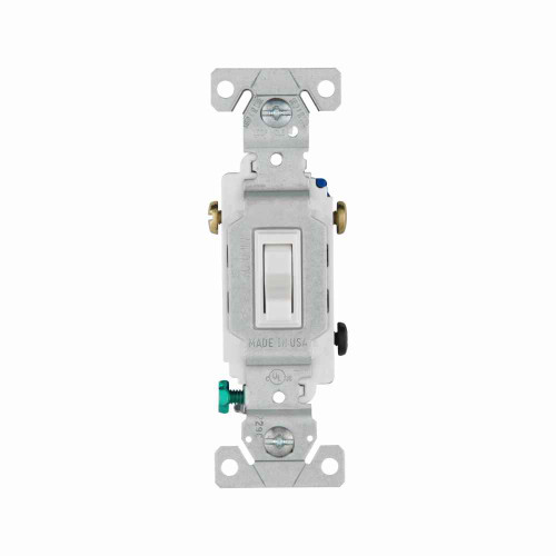 Eaton 1303-7W-BOX toggle switch, #14-10 AWG, 15A, Flush, 120V, Back and side wire, push wire, Screw, White, Load type: Motor Control, Fan, LED, Incandescent, ELV, MLV, CFL, Flourescent, Halogen, Single-Pole, Three-Way, Three-Way