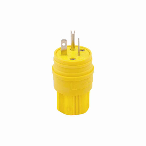 Eaton 14W33 Arrow Hart watertight straight blade plug,#18-10 AWG,20A,Industrial,125V,Back wire,Yellow,Nickel-plated brass,IP67,Santoprene thermoplastic elastomer,5-20P,Two-pole,three-wire,grounding,Screw,0.30-0.65" in diameter,Thermoplastic,Bulk