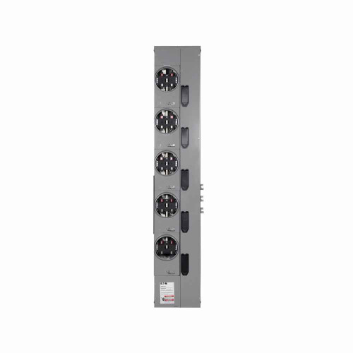 Eaton 1MM520RRLP residential meter stack, Amperage rating: 200A, Bus rating: 800A, Socket rating: 200A, Outdoor, Interrupt rating depends on selected main circuit breaker, Single-phase in/single-phase out, 5 Sockets, Aluminum, Ringless, 120/240 Vac