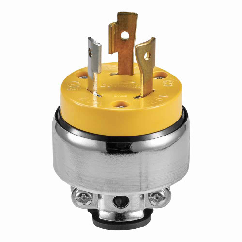 Eaton 2363-BOX safety grip locking plug, Stand-alone box packaging, #14-8 AWG, 20A, Commercial, 125V, Back wiring, Yellow, L5-20, Two-pole, Three-wire, Nylon, .25 to .75 in