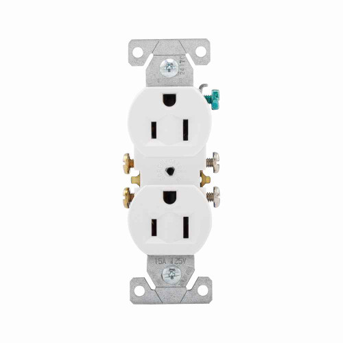 Eaton 270W residential grade duplex receptacle, #14-10 AWG, 15A, Commercial|Residential, Flush, 125V, Side and push, White, Brass, Impact-resistant thermoplastic, 5-15R, Duplex, Screw, Thermoplastic, Core pack