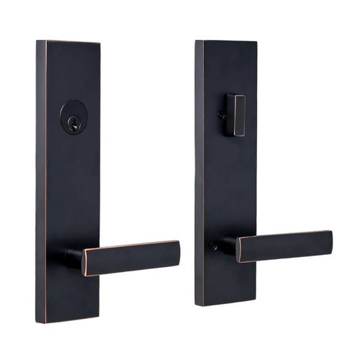 Weslock 6621 Addy Handleset with Utica Lever in Oil Rubbed Bronze – exterior and interior view, Deadbolt Keyed One Side
