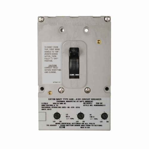 Eaton 458D509G15 Navy and Marine complete molded case circuit breaker, AQB-A101, Non-interchangeable thermal-magnetic trip, 1200-1400A hi, 500-700A low, Three-pole, 100A, 500 V, 250 Vdc, 15 kAIC at 500 V, 10 kAIC at 250 Vdc, Naval, 60 Hz