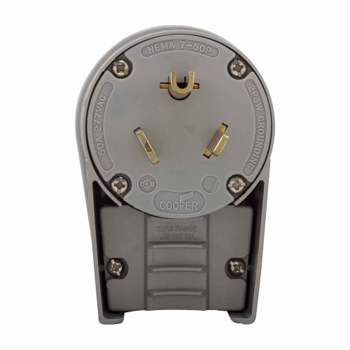Eaton 5705AN Arrow Hart extra heavy-duty angled plug , #12-4 AWG, 50A, Industrial, 277V, Back wire, Gray, Brass, Nylon, 7-50P, Two-pole, three-wire, grounding, Screw, Nylon, Core pack