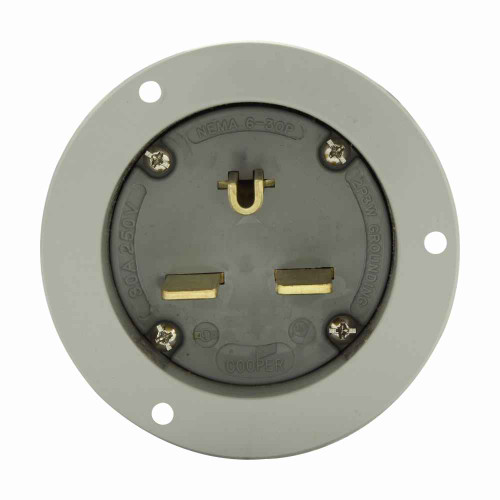 Eaton 5701NFI Arrow Hart flanged inlet , #12-4 AWG, 30A, Industrial, 250V, Back wire, Gray, Brass, Nylon, 6-30P, Two-pole, three-wire, grounding, Screw, Nylon, Core pack