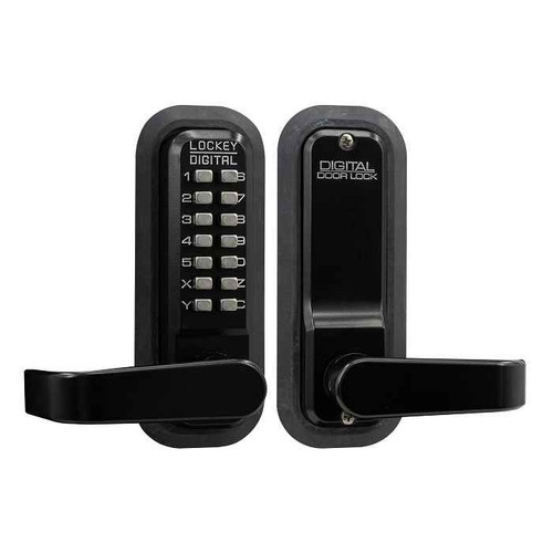 Lockey 2835 Mechanical Keyless Lever Lock – Jet Black finish, front and rear view showing keypad and lever handle