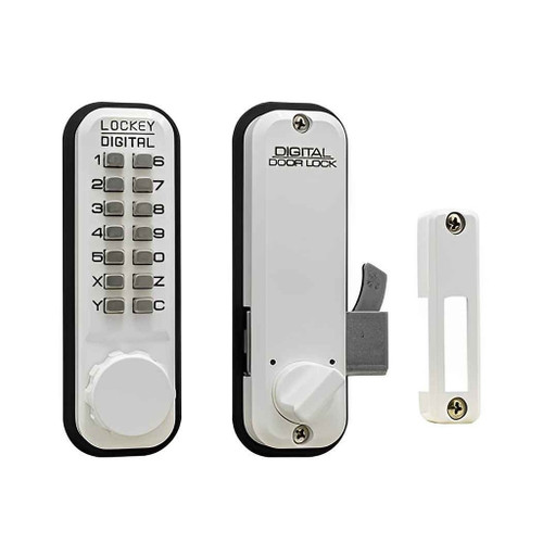 Lockey 2500 Series Mechanical Keypad Hook Bolt Lock in White finish — front view with strike plate