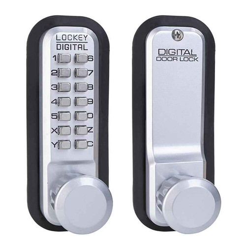 Lockey 2830 Mechanical Pushbutton Keyless Knob Lock, Satin Chrome, Single Combination - front and rear view