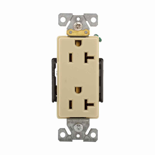 Eaton 6362V Arrow Hart extra heavy-duty industrial specification grade decorator duplex receptacle, #14-10 AWG, 20A, Industrial, Flush, 125V, Back and side, Ivory, Brass, Glass filled Nylon, 5-20R, Duplex, Screw, Glass-filled nylon, Core pack