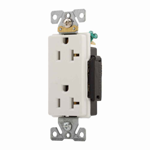 Eaton 6362W Arrow Hart extra heavy-duty industrial specification grade decorator duplex receptacle, #14-10 AWG, 20A, Industrial, Flush, 125V, Back and side, White, Brass, Glass filled Nylon, 5-20R, Duplex, Screw, Glass-filled nylon, Core pack