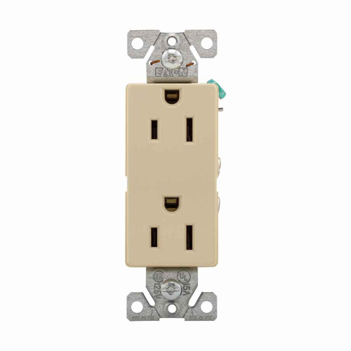 Eaton 6252V-BU heavy-duty industrial specification grade decorator duplex receptacle, #14-10 AWG, 15A, Commercial, Flush, 125V, Back and side, Ivory, Brass, High-impact nylon face, PVC base, 5-15R, Duplex, Screw, Nylon, PVC, Bulk