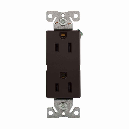 Eaton 6252B-BU heavy-duty industrial specification grade decorator duplex receptacle, #14-10 AWG, 15A, Commercial, Flush, 125V, Back and side, Brown, Brass, High-impact nylon face, PVC base, 5-15R, Duplex, Screw, Nylon, PVC, Bulk
