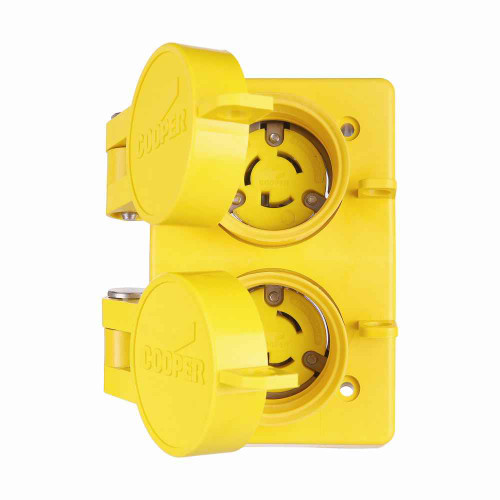 Eaton 65W34DPLX Arrow Hart watertight locking receptacle, #18-10 AWG, 15A, Industrial, 277V, Back wiring, Yellow, Duplex, Watertight, L7-15, Two-pole, Three-wire, grounding, Thermoplastic, glass-filled nylon