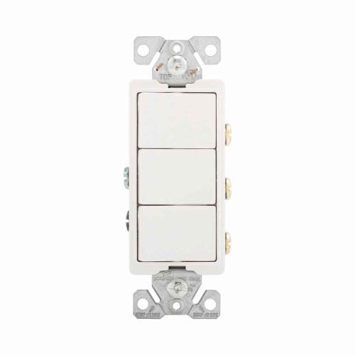 Eaton 7729W-BOX commercial grade combination switch, auto-grnd, Decorator, #14 - #12 AWG, 15A, resi, comm, 120/277V, bk and sd wiring, Rocker, Maint closure, Screw, Brass, wht, -20-60?C, (3) 1-pole, Triplex, thermoplas, polycrb, PVC Eaton 7729W-BOX commercial grade combination switch, auto-grnd, Decorator, #14 - #12 AWG, 15A, resi, comm, 120/277V, bk and sd wiring, Rocker, Maint closure, Screw, Brass, wht, -20-60?C, (3) 1-pole, Triplex, thermoplas, polycrb, PVC