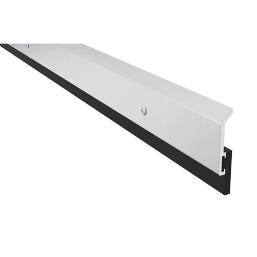 Pemko 315CN door bottom sweep, Clear Anodized Aluminum with black EPDM neoprene insert, angled view showing surface-mount profile and mounting hole