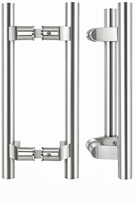 ABH AB3310 Offset Flat End Door Pull Handle in Bright Stainless Steel, back-to-back and single configurations shown, commercial grade surface mount