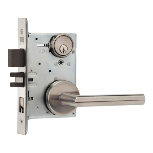 Omnia 2012 Modern Collection Mortise Lever Lockset with Satin Stainless Steel finish, shown with mortise case and keyed cylinder — Standard function