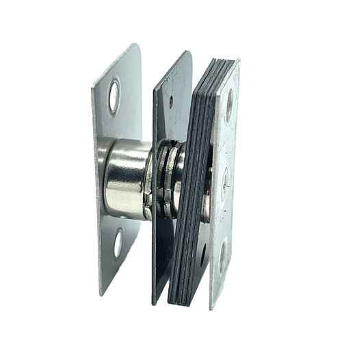 PLS19BCR Satin Stainless concealed magnetic ball catch shown assembled with spacer plates and rubber buffers