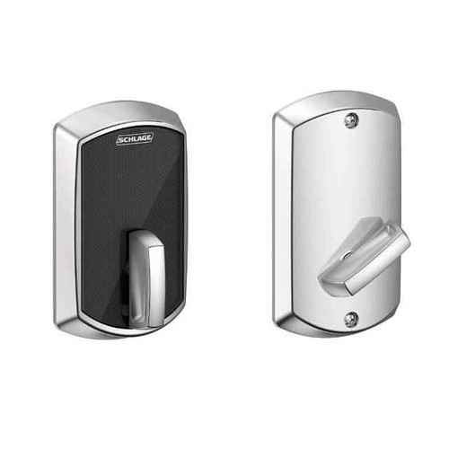 Schlage BE467F Greenwich Touchscreen Deadbolt - exterior keypad and interior thumbturn, Bright Chrome finish, front and rear view