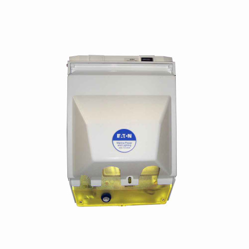 Eaton NAYBU120000DS marina power pedestal, Marina Power and Lighting Equipment - Power Pedestals, Unmetered, Newport Harbor Mate model, 7W, Amber lens color, Side 1- R1:20A GFI, R2:50A at 125V, R3:0A