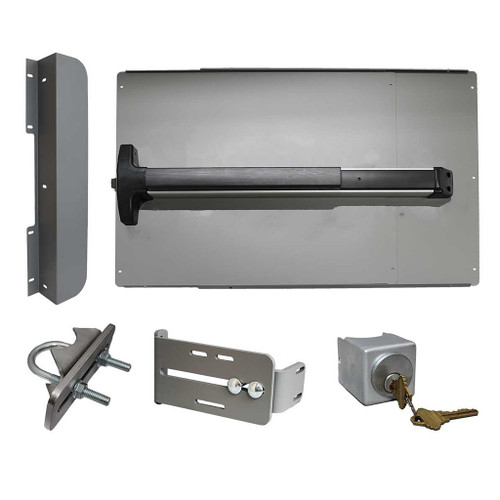 Lockey ED52 Edge Panic Shield Safety Kit with Detex V-40 33 in. panic bar, edge shield panel, latch bolt, mounting bracket, and keyed cylinder, Silver finish