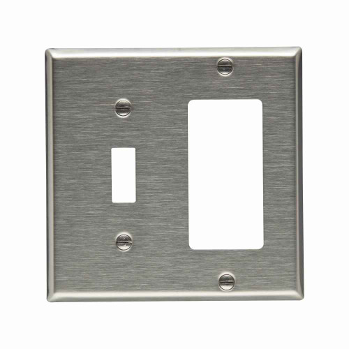 Eaton 93432-BOX Combination wallplate, Stainless steel, Toggle, Decorator Cutout, Stainless steel, Two- gang, Standard, ED Box