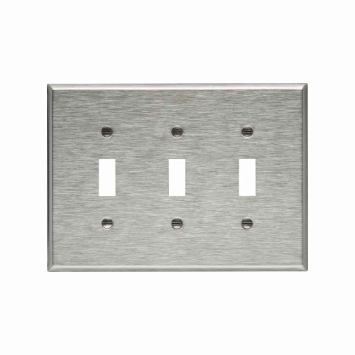 Eaton 93973-BOX Toggle wallplate, Stainless steel, Toggle Cutout, Stainless steel, Three- gang, Mid-size, ED Box