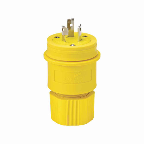 Eaton 9965PW Arrow Hart watertight locking plug, #18-10 AWG, 20A, Industrial, 125/250V, Back wiring, Yellow, Watertight, Three-pole, Three-wire, non-grounding, Santoprene thermoplastic elastomeric, 0.36 to 0.84 in