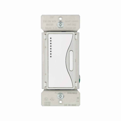 Eaton 9542WS Z-Wave dimmer, 7-step LED light level display, Non-RF device, Flush, 120V, Wire lead, Push pad, Maintained, White Satin, Fan, LED, INC, CFL, ELV, MLV, FLR, Halogen, Single-pole, Three-way, Single-phase, Multi-location, Polycarbonate