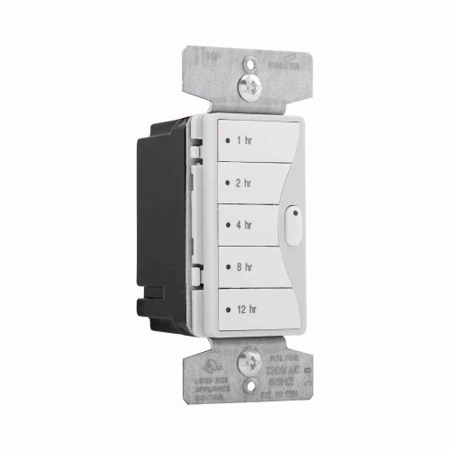Eaton 9591WS Aspire hour timer, 1, 2, 4, 8, 12 hour default time settings, 15A, 120V, Wire leads, Five button, White satin, Load type: Incandescent, halogen, MLV, ELV, fluorescent, CFL, LED, Single-pole, Polycarbonate, 1800W