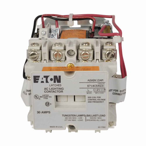 Eaton A202K1FAM A202 magnetically held lighting contactor, 30 A, 30 A, Six-pole, Magnetically latched, A202 Series, Lighting contactors