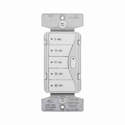 Eaton 9590WS Aspire minute timer, 5, 10, 15, 30, and 60 minute default time settings, 15A, 120V, Wire leads, Five button, White satin, Load type: Incandescent, halogen, MLV, ELV, fluorescent, CFL, LED, Single-pole, Polycarbonate, 1800W
