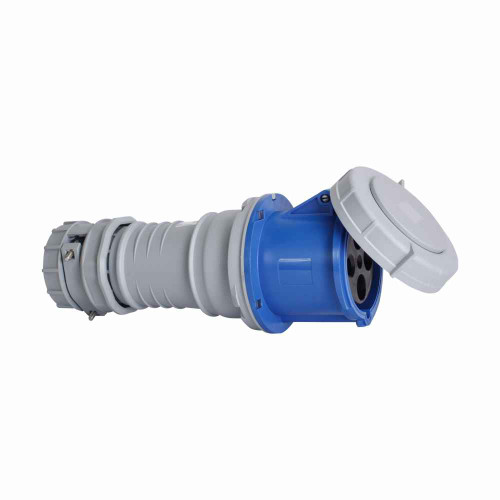Eaton AH4100C9W Arrow Hart pin and sleeve connector, IP69K Rated, #4 -1/0 AWG, #12 - #16 AWG (pilot), 100A, 3Ø 250V, Back wire, Blue, Nickel plated brass, IP67, Nylon, 3-pole, 4-wire, 0.97-1.94in (2.46-5.00cm), Female, 10 HP, 3PH