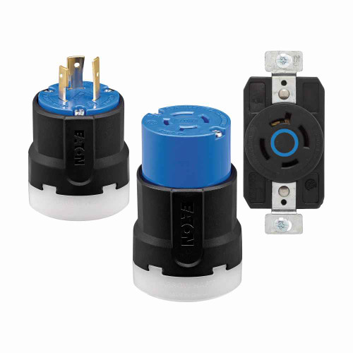 Eaton AHCL1530FO Arrow Hart Color Coded Locking Flanged Outlet, #14-8 AWG, 30A, Industrial, 250 V, Back, Blue, Black, Ultra grip, Nylon, L15-30, Three-pole, Four-wire, Nylon, -40°C (w/o impact) to 60°C (-40°F to 140°F)