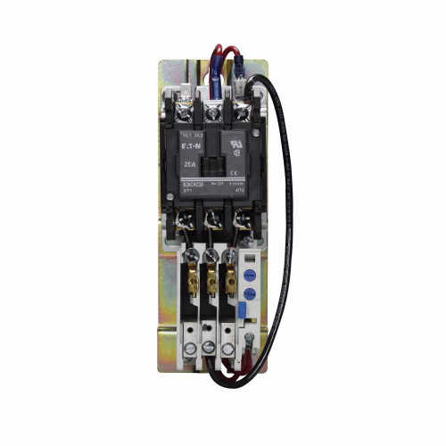 Eaton B27CNC25A004 definite purpose starter, 575 V, 25 A, Coil: 110-120 V, 50/60 Hz, 2.4-4 FLA, Common control wiring, Open with metal mounting plate, 25 A IFL, 2 poles, Single-phase, B27, Screw/pressure plate, Non-reversing