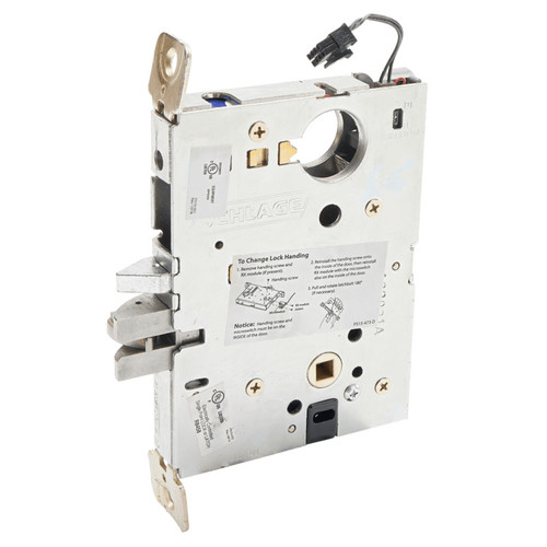 Schlage L9000 Series Electrified Mortise Lock Case lockbody only, angled view showing latch bolt, deadbolt, electrical wiring connector, and internal chassis components