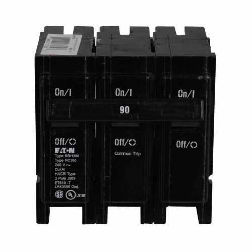 Eaton BRH390 BR thermal magnetic circuit breaker,Type BR 1-Inch plug-on circuit breaker,90 A,22 kAIC,Three-pole,240V,BRH,Common breaker trip,#4-1/0 AWG Cu/Al,BRH,Type BR Loadcenters