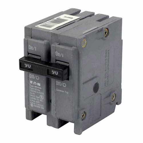 Eaton BRH290 BR thermal magnetic circuit breaker,Type BR 1-Inch plug-on circuit breaker,90 A,22 kAIC,Two-pole,120/240V,BRH,Common breaker trip,#4-1/0 AWG Cu/Al,Q28,BRH,Type BR Loadcenters