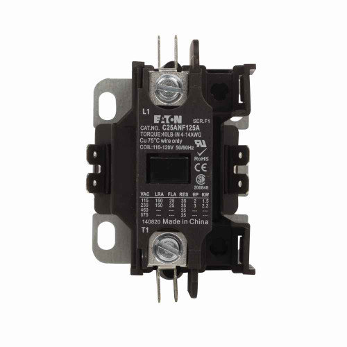 Eaton C25ANF140T definite purpose contactor, Quick, 40A, 277 Vac, 60 Hz, Open with metal mounting plate, Compact, single-pole, 40A, Contactor, Single-pole, 50A, Box lugs (posidrive setscrew) and quick connect terminals (side-by-side), Non-reversing
