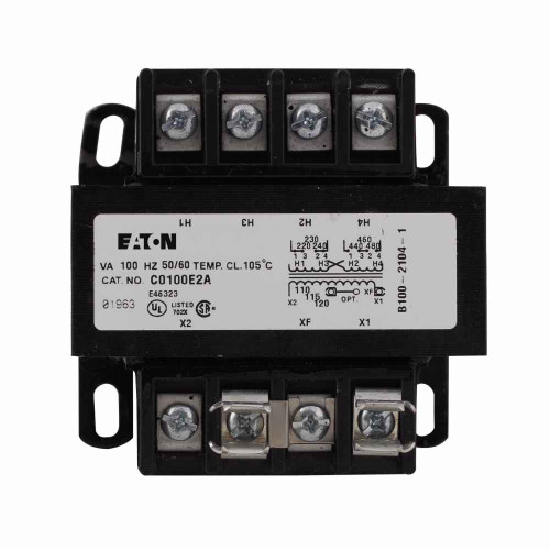Eaton C0075E2A type MTE, industrial control transformer, pv: 240 x 480v, 230 x 460v, 220 x 440v, taps: none, sv: 120/115/110v, 55°c, cu magnet wire, 75 va