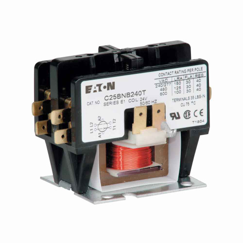 Eaton C25BNB225B definite purpose contactor, Quick, 25A, 110-120 Vac, 50/60 Hz, Open with metal mounting plate, Compact, two-pole, 25A, Contactor, Two-pole, 35A, Binding head screw and quick connect terminals (side-by-side), Non-reversing