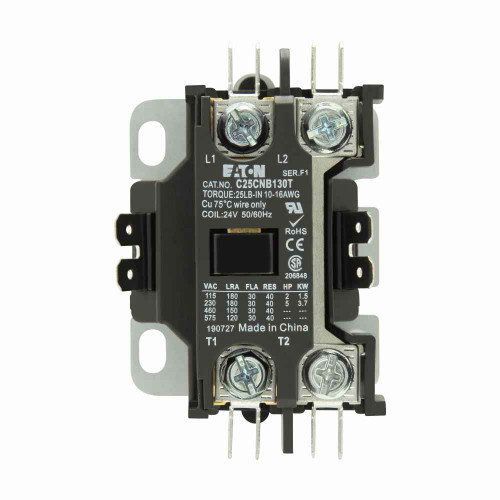 Eaton C25CNB140A definite purpose contactor, Quick, 30A, 24 Vac, 50/60 Hz, Open with metal mounting plate, Compact, single-pole w/shunt, 30A, Contactor, Single-pole, 40A, Binding head screw and quick connect terminals (side-by-side), Non-reversing