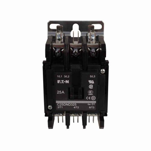 Eaton C25DNB315A definite purpose contactor, Mounting plate, Quick, Quick connect (side-by-side), 48 Vdc, Open with metal mounting plate, 15-50A, two- and three-pole, Contactor, Three-pole, Global listed, D1, Binding head screw, Non-reversing