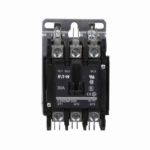 Eaton C25DNF330BC-GL definite purpose contactor, Quick, 30A, 208-240 Vac, 50/60 Hz, Open with metal mounting plate, 15-50A, two- and three-pole, 30A, Contactor, Three-pole, 40A, Box lugs (posidrive setscrew) and quick connect terminals , Non-reversin