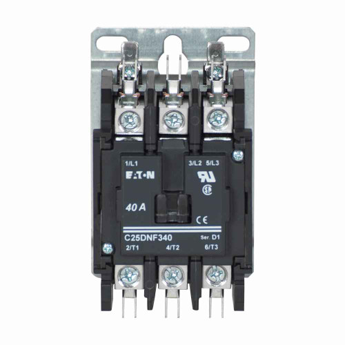 Eaton C25DNF3251W-GL definite purpose contactor, Mounting plate, Quick, Quick connect , 24 Vdc, Open with metal mounting plate, 15-50A, two- and three-pole, 25A, Contactor, Three-pole, Global listed, D1, Box lugs (posidrive setscrew), Non-reversing