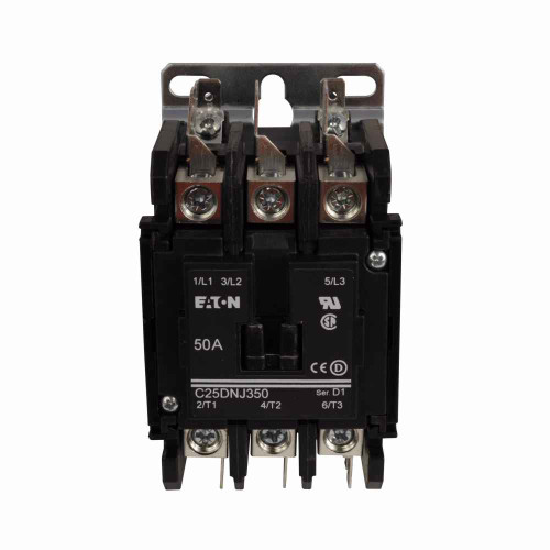 Eaton C25DNJ340A definite purpose contactor, Quick, 50A, 208-240 Vac, 50/60 Hz, 1NC,Open with metal mounting plate, 15-50A, two and three-pole, 65A, Box lugs (posidrive setscrew) and quick connect terminals , Non-reversing, 50A, Contactor, Three-pole