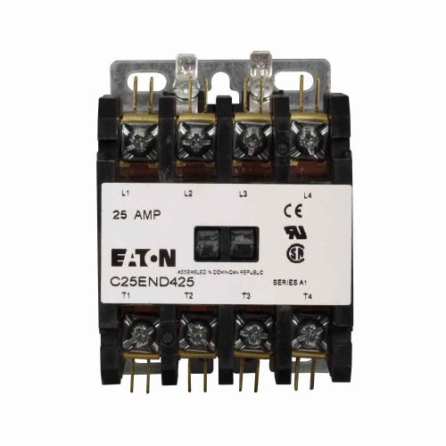Eaton C25END4301T definite purpose contactor, Quick, 30A, 24 Vdc, Open with metal mounting plate, 15-50A, two- and three-pole, 30A, Contactor, Four-pole, 30A, Screw/pressure plate and quick connect terminals (side-by-side), Non-reversing