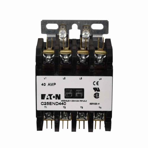 Eaton C25END440B definite purpose contactor, Quick, 60A, 110-120 Vac, 50/60 Hz, Open with metal mounting plate, 15-50A, two- and three-pole, 60A, Contactor, Two-pole, 75A, Box lugs (posidrive setscrew) and quick connect terminals , Non-reversing