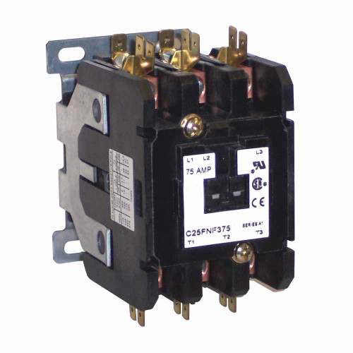 Eaton C25FNF375AH definite purpose contactor, Quick, 75A, 110-120 Vac, 50/60 Hz, Open with metal mounting plate, 15-50A, two- and three-pole, 75A, Contactor, Three-pole, 90A, Box lugs (posidrive setscrew) and quick connect terminals , Non-reversing